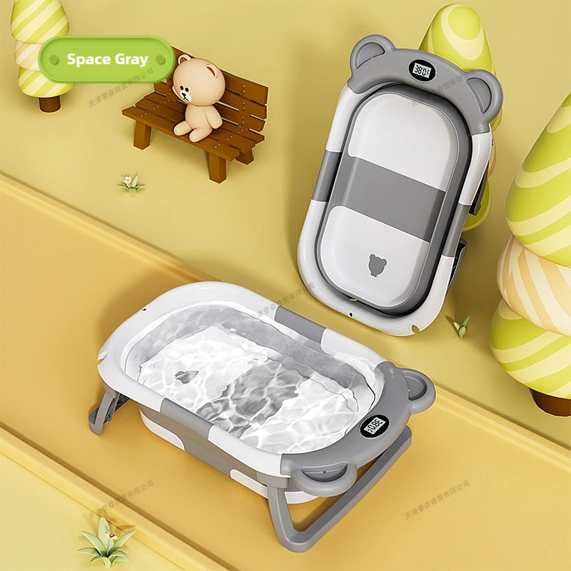 Baby Bath Tub Foldable - 折りたたみ式ベビーバスインテリジェント温度表示新生児用浴槽クマスタイルポータブルシャワー台幼児安全バス用品